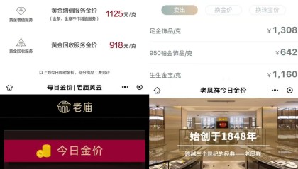 多家品牌金饰克价涨破1300元，一夜涨价近30元