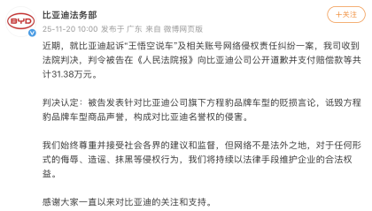 比亚迪诉汽车博主侵权案宣判，被告被判赔偿31.38万元