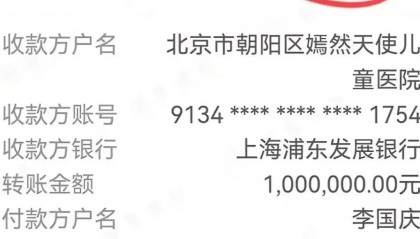 李国庆向李亚鹏捐款100万，并晒出银行转账截图：我相信亚鹏的为人