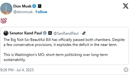 马斯克在特朗普“美丽大法案”通过后首次发声 支持参议员保罗对该法案的批评