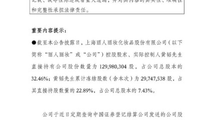 丽人丽妆“豪门婚变”续集：实控人所持千万股份被司法冻结，前妻分走1.6亿